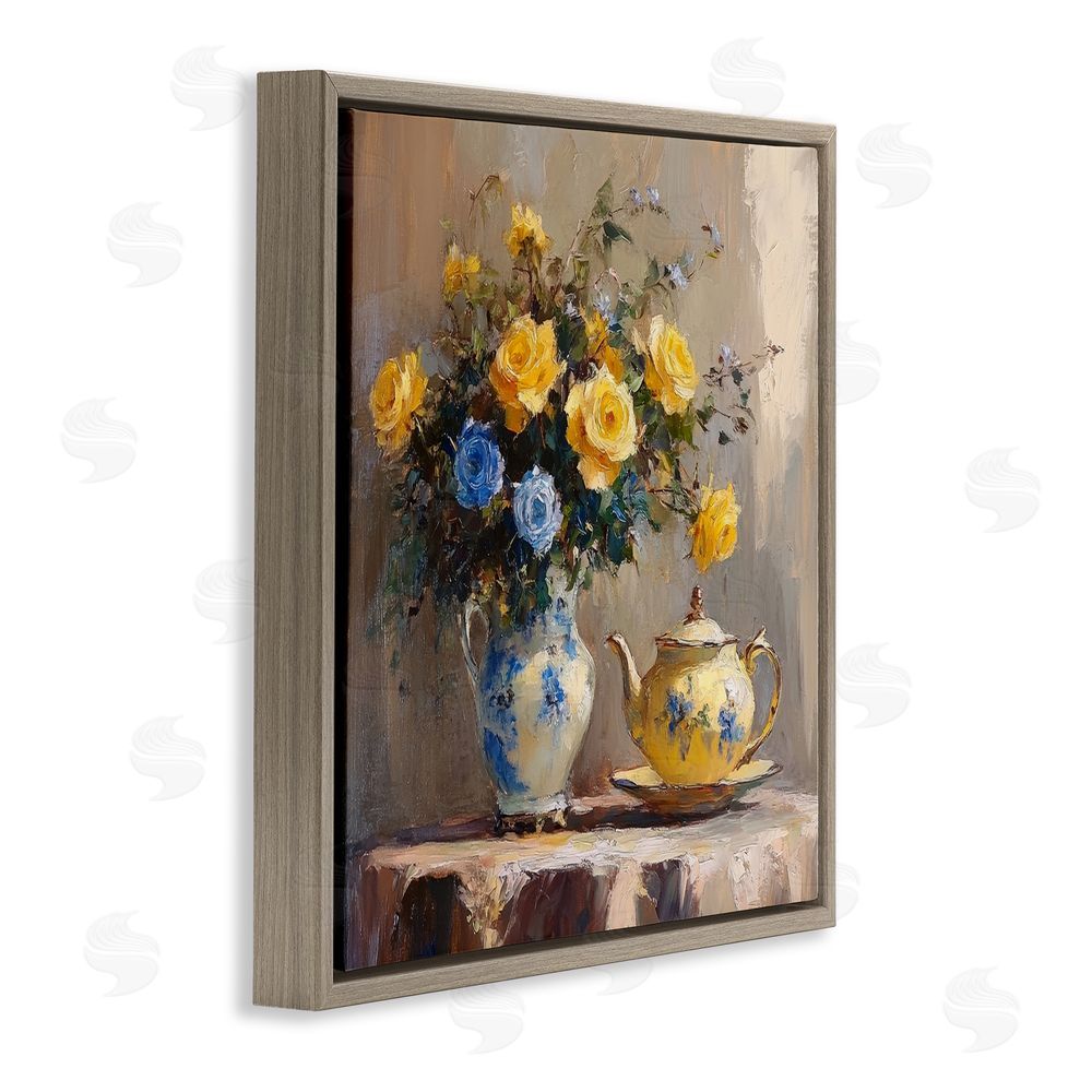 Petal Prints Design Tea Time Blue & Yellow Bouquet Brown Floating Framed Canvas Wall Art Print