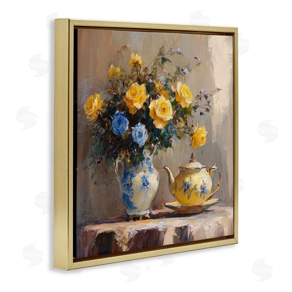 Petal Prints Design Tea Time Blue & Yellow Bouquet Gold Floating Framed Canvas Wall Art Print