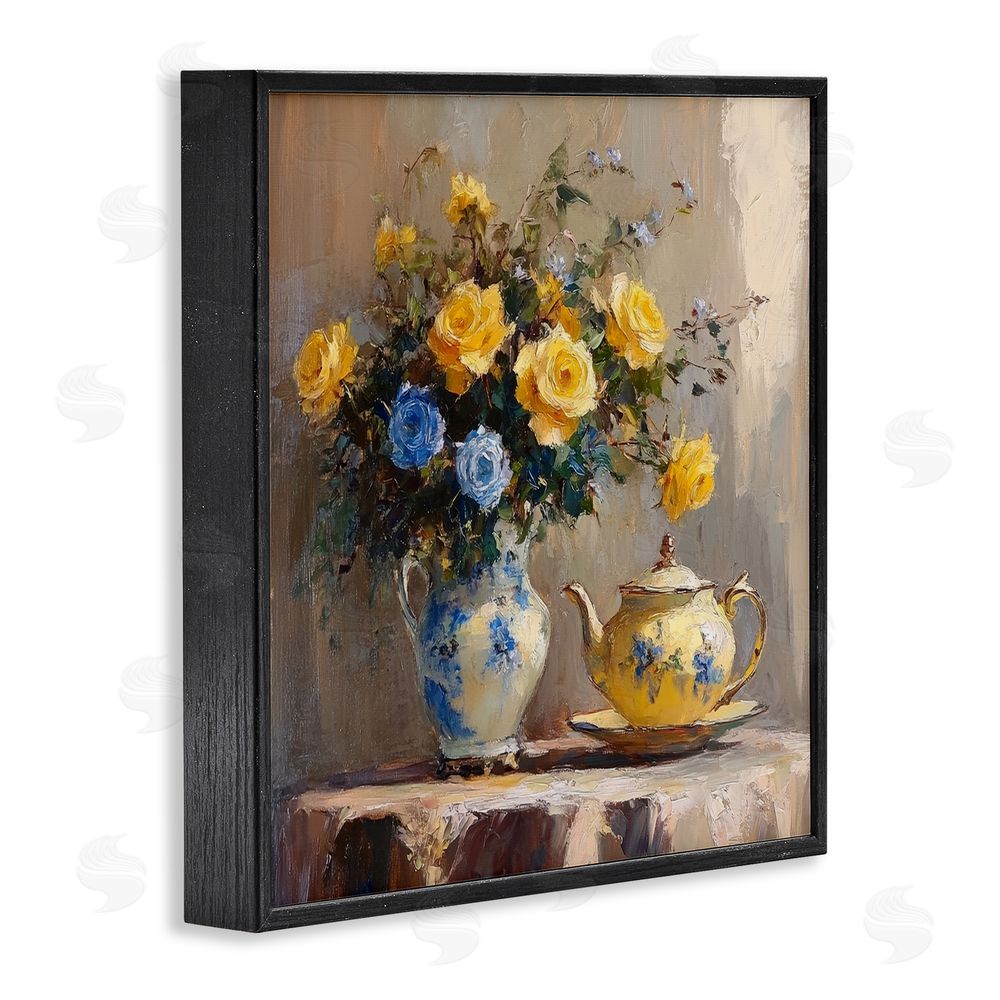 Petal Prints Design Tea Time Blue & Yellow Bouquet Black Framed Giclee Wall Art Print