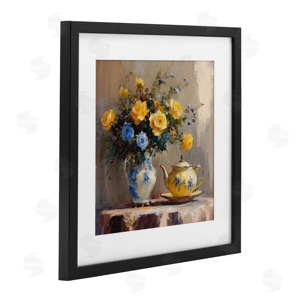 Petal Prints Design Tea Time Blue & Yellow Bouquet Black Framed Print Under Glass with White Mat Wall Art