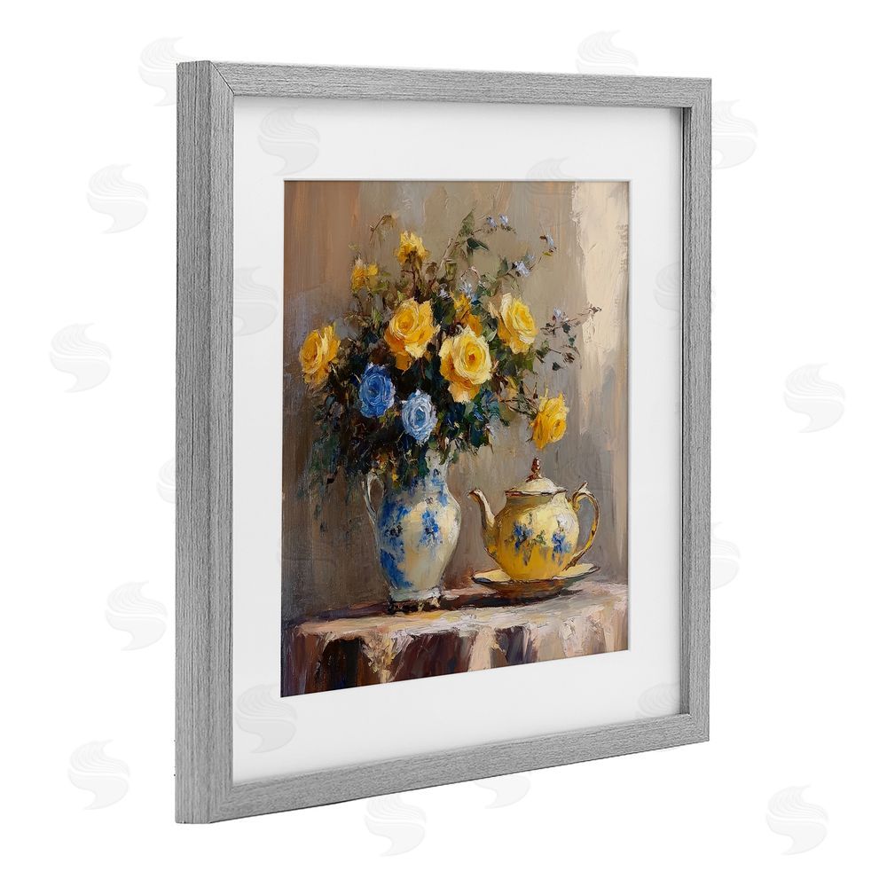 Petal Prints Design Tea Time Blue & Yellow Bouquet Gray Framed Print Under Glass with White Mat Wall Art