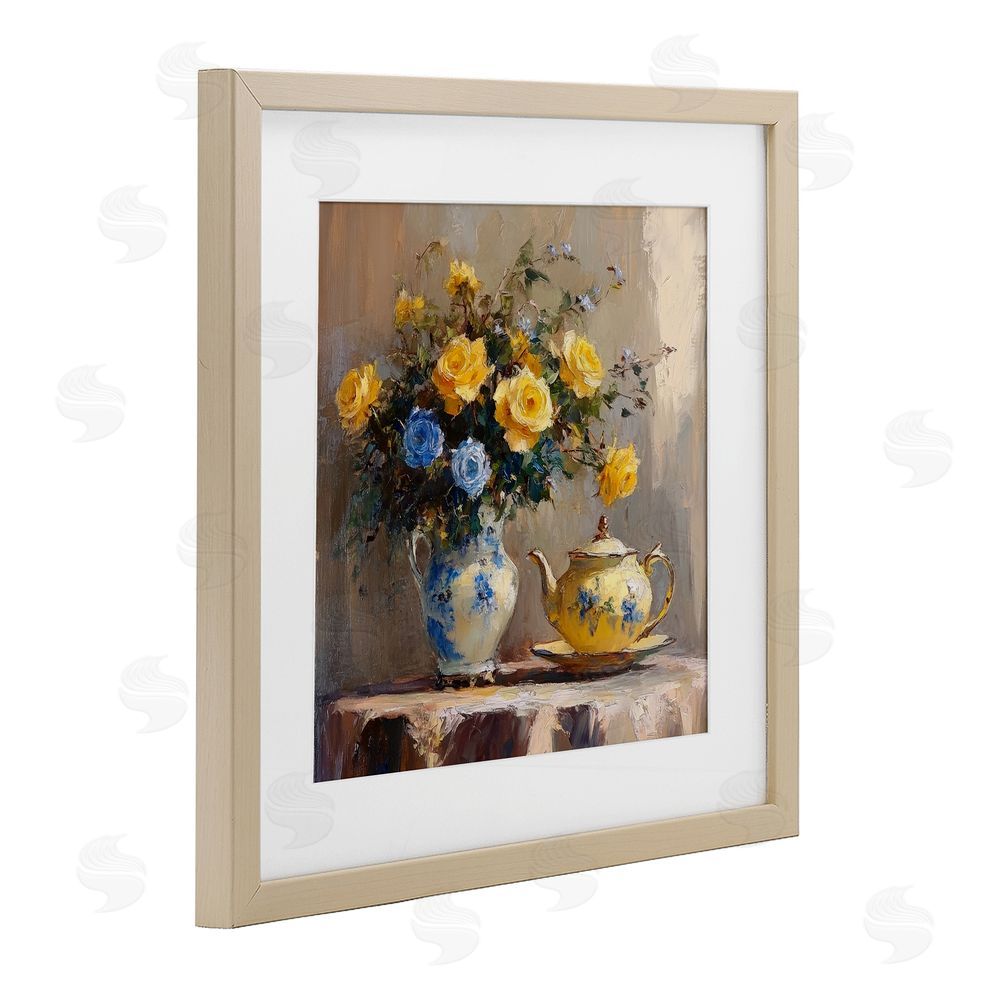 Petal Prints Design Tea Time Blue & Yellow Bouquet Brown Framed Print Under Glass with White Mat Wall Art