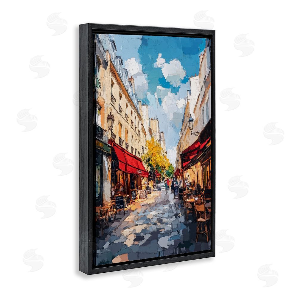 Petal Prints Design Charming Paris Street Scene Black Floating Frame Stretched Canvas Wall Art Print