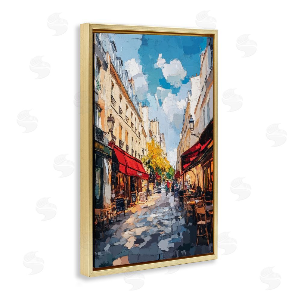 Petal Prints Design Charming Paris Street Scene Gold Floating Frame Stretched Canvas Wall Art Print