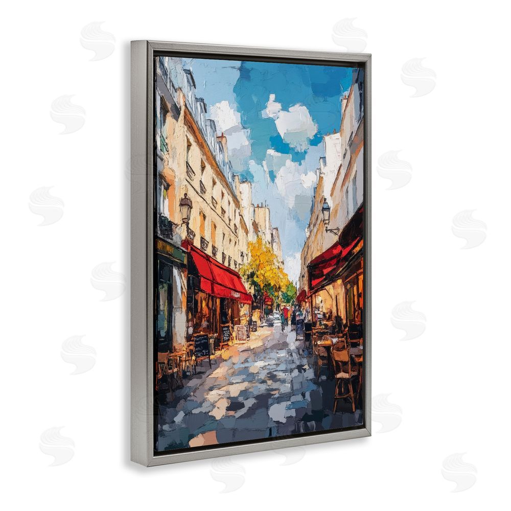 Petal Prints Design Charming Paris Street Scene Gray Floating Frame Stretched Canvas Wall Art Print