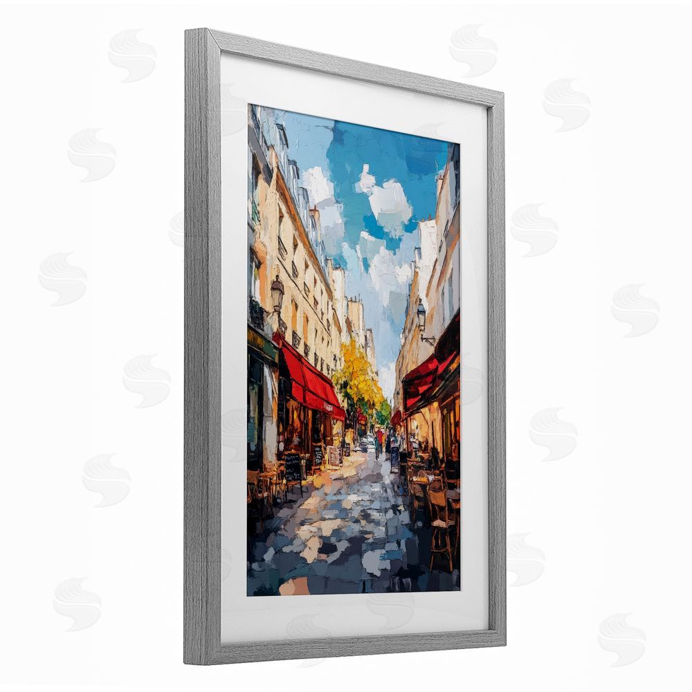 Petal Prints Design Charming Paris Street Scene Gray Framed Print Under Glass with Matting Wall Art