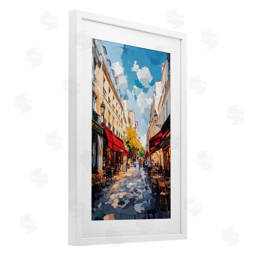 Petal Prints Design Charming Paris Street Scene White Framed Print Under Glass with Matting Wall Art