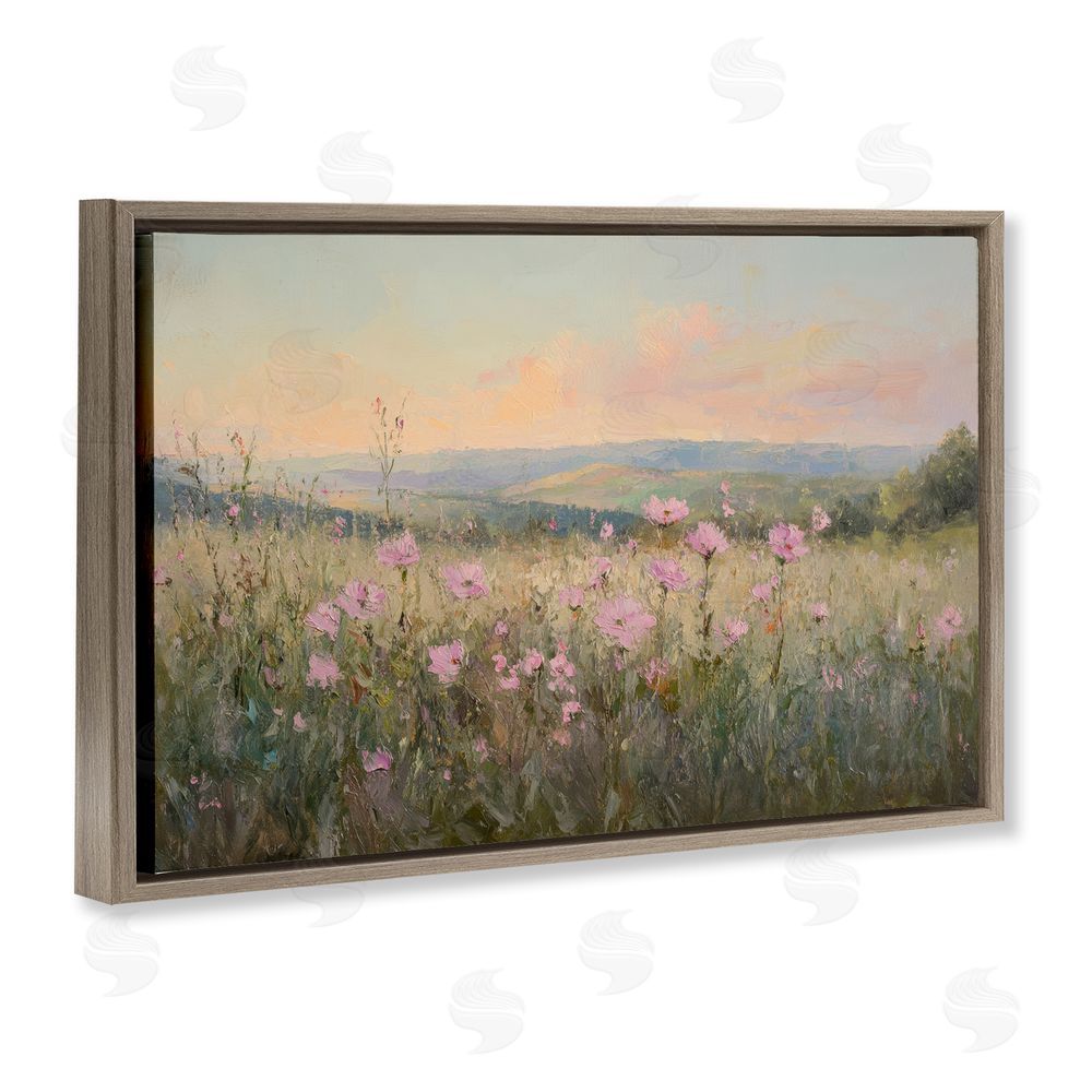 Petal Prints Design Tranquil Meadow At Dawn Brown Floating Framed Canvas Wall Art Print