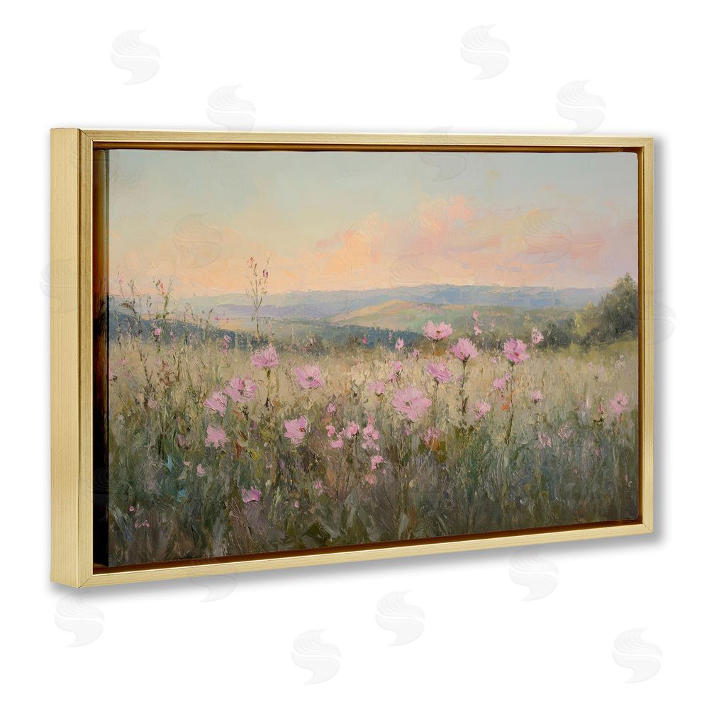 Petal Prints Design Tranquil Meadow At Dawn Gold Floating Framed Canvas Wall Art Print