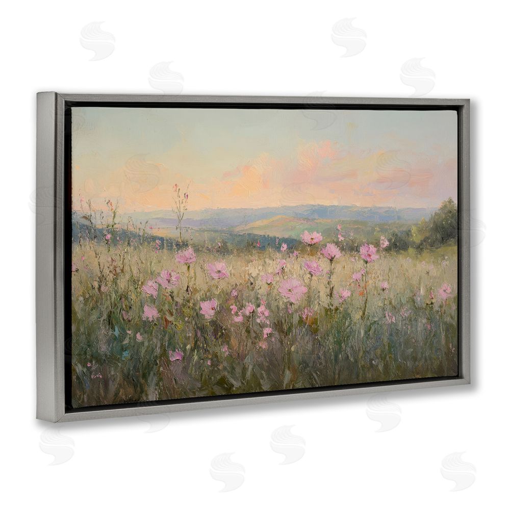 Petal Prints Design Tranquil Meadow At Dawn Gray Floating Framed Canvas Wall Art Print