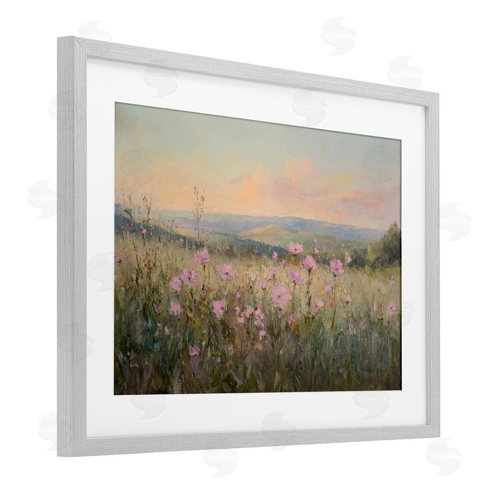 Petal Prints Design Tranquil Meadow At Dawn Gray Framed Print Under Glass with White Mat Wall Art