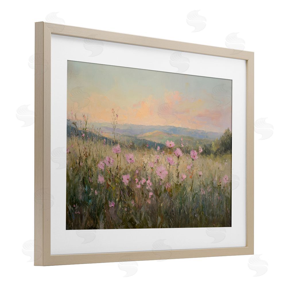 Petal Prints Design Tranquil Meadow At Dawn Brown Framed Print Under Glass with White Mat Wall Art