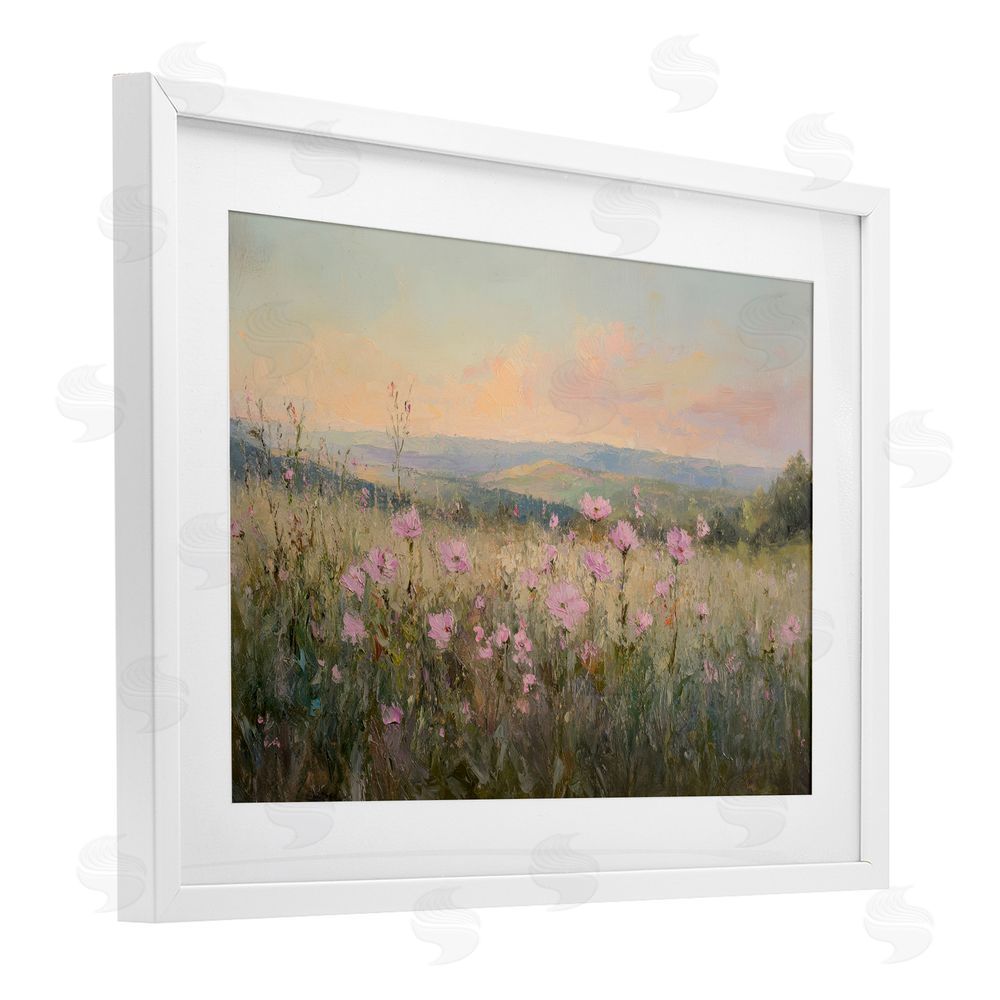 Petal Prints Design Tranquil Meadow At Dawn White Framed Print Under Glass with White Mat Wall Art