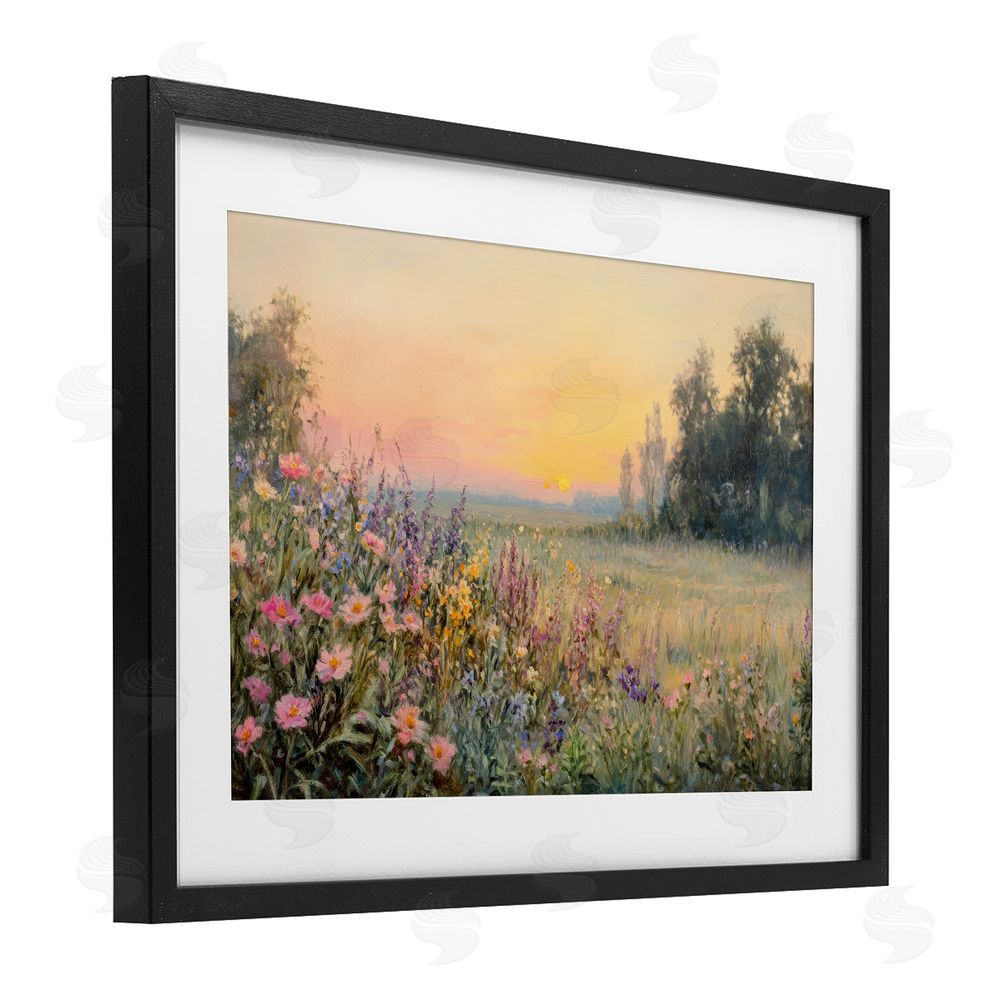 Petal Prints Design Serene Twilight Meadow Black Framed Print Under Glass with White Mat Wall Art