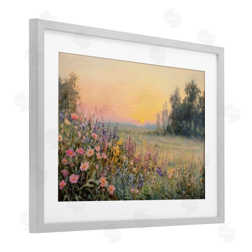 Petal Prints Design Serene Twilight Meadow Gray Framed Print Under Glass with White Mat Wall Art