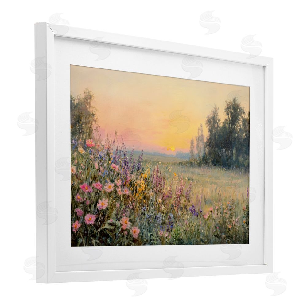 Petal Prints Design Serene Twilight Meadow White Framed Print Under Glass with White Mat Wall Art