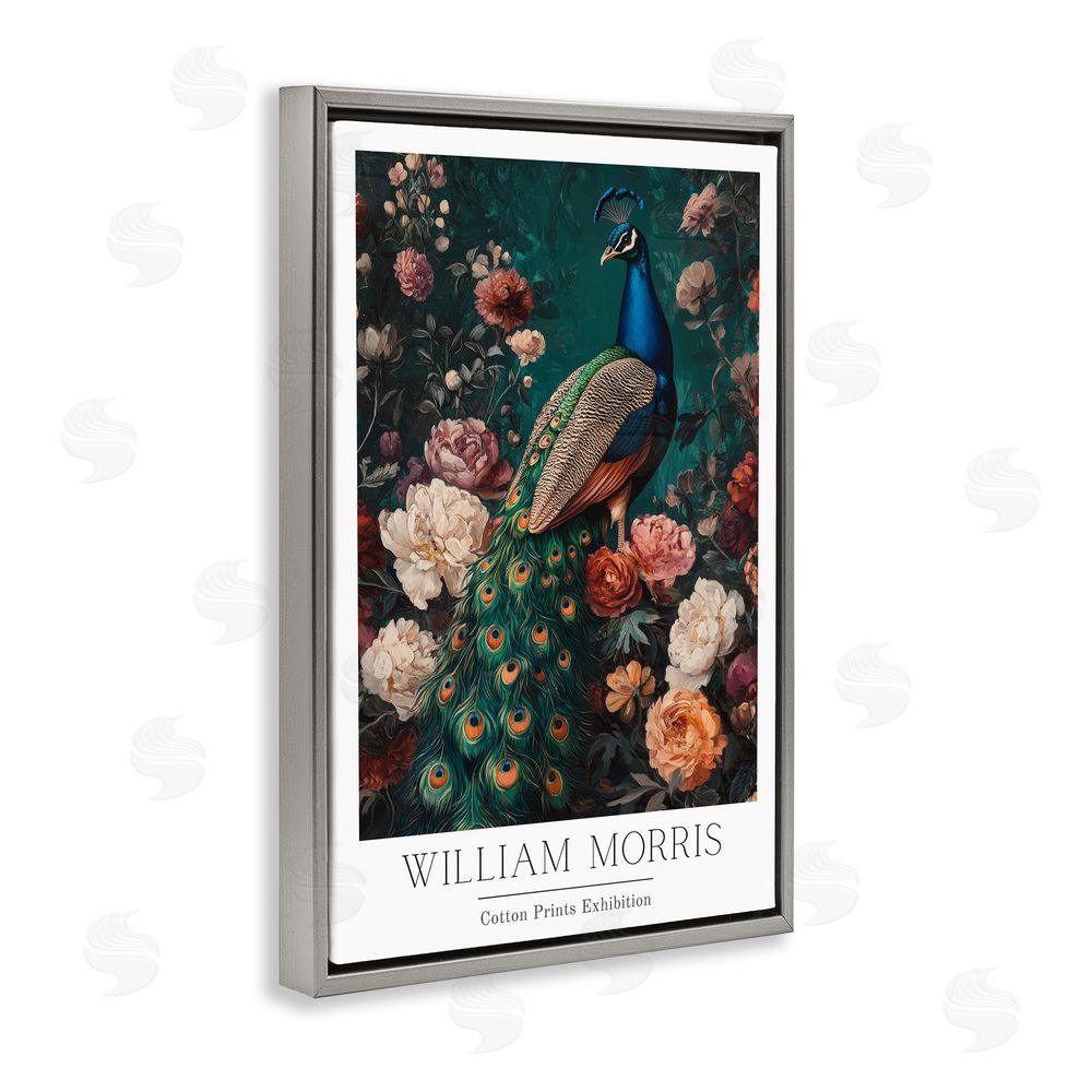 Petal Prints Design Vintage Floral Peacock William Morris Gray Floating Framed Canvas Wall Art Print
