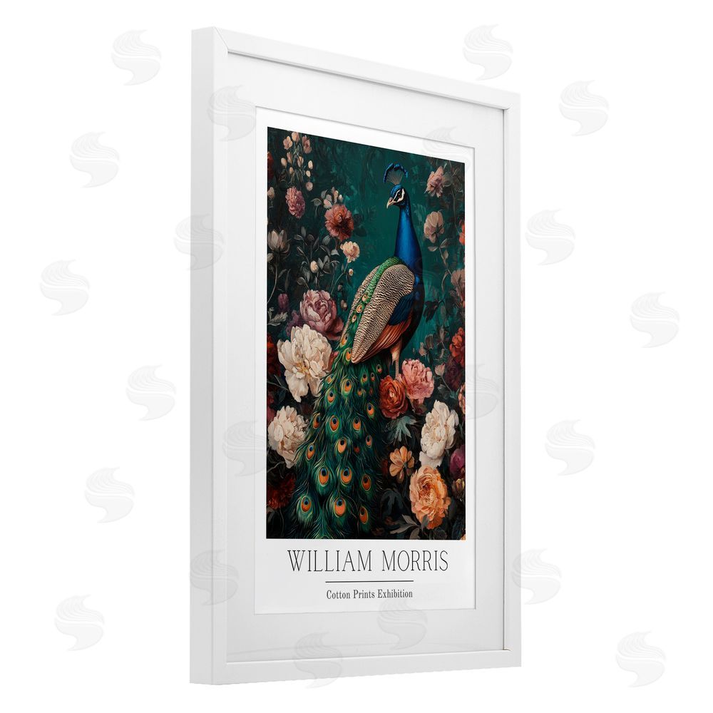 Petal Prints Design Vintage Floral Peacock William Morris White Framed Print Under Glass with White Mat Wall Art