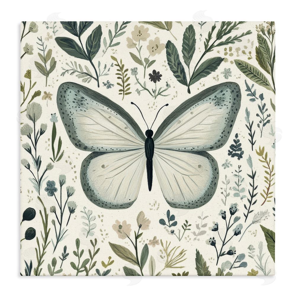 Petal Prints Design Dusty Blue Butterfly Botanicals Stretched Canvas Wall Art
