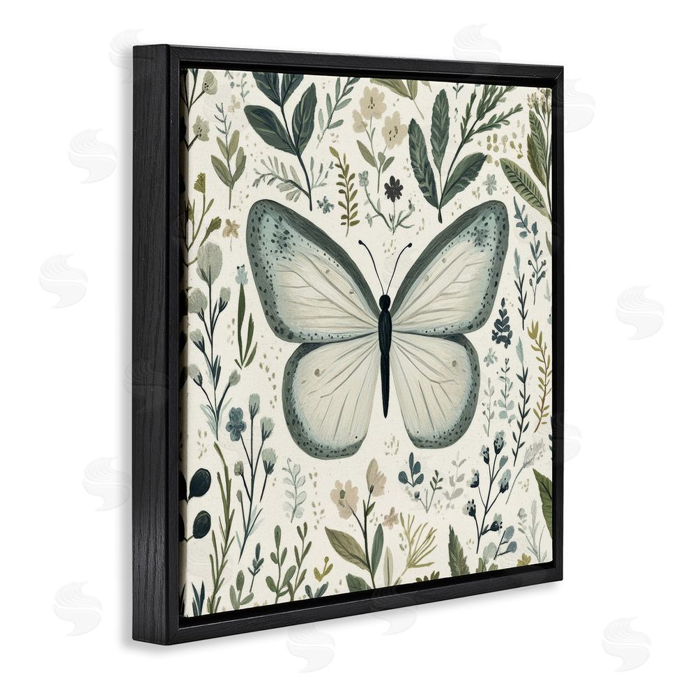 Petal Prints Design Dusty Blue Butterfly Botanicals Black Floating Frame Canvas Wall Art Print