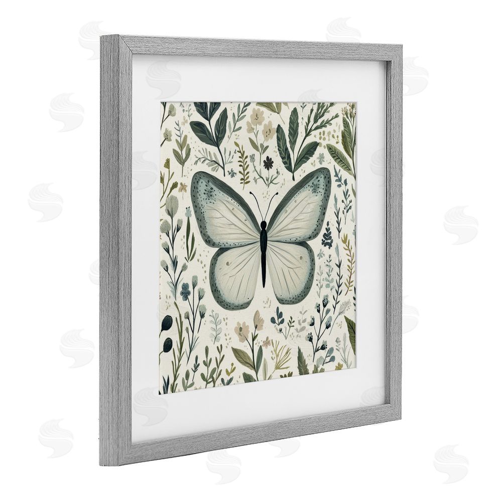 Petal Prints Design Dusty Blue Butterfly Botanicals Gray Framed Print Under Glass Wall Art