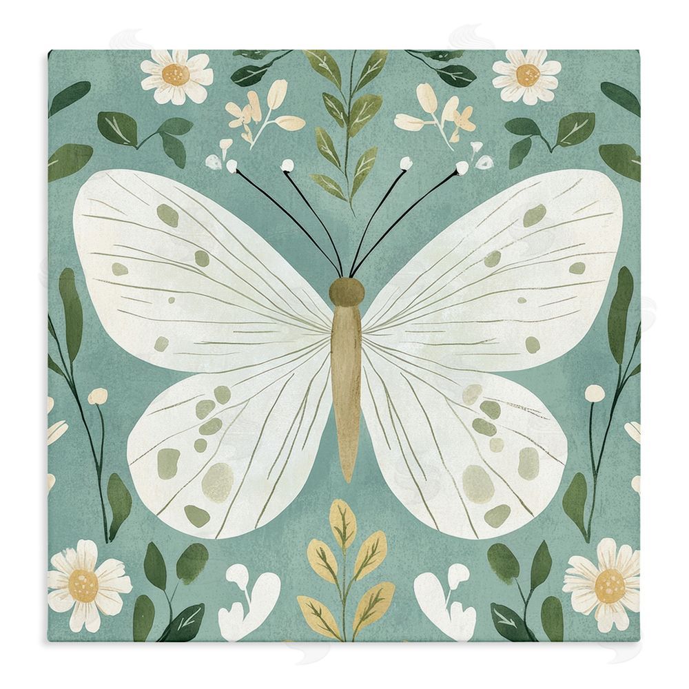Petal Prints Design Teal Butterfly Garden with Daisies Stretched Canvas Wall Art Print