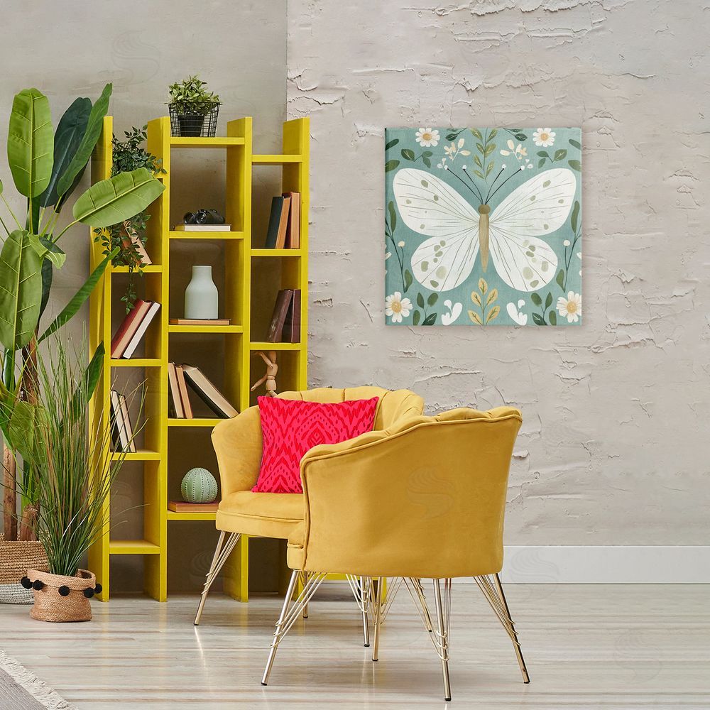 Petal Prints Design Teal Butterfly Garden with Daisies Stretched Canvas on Wall