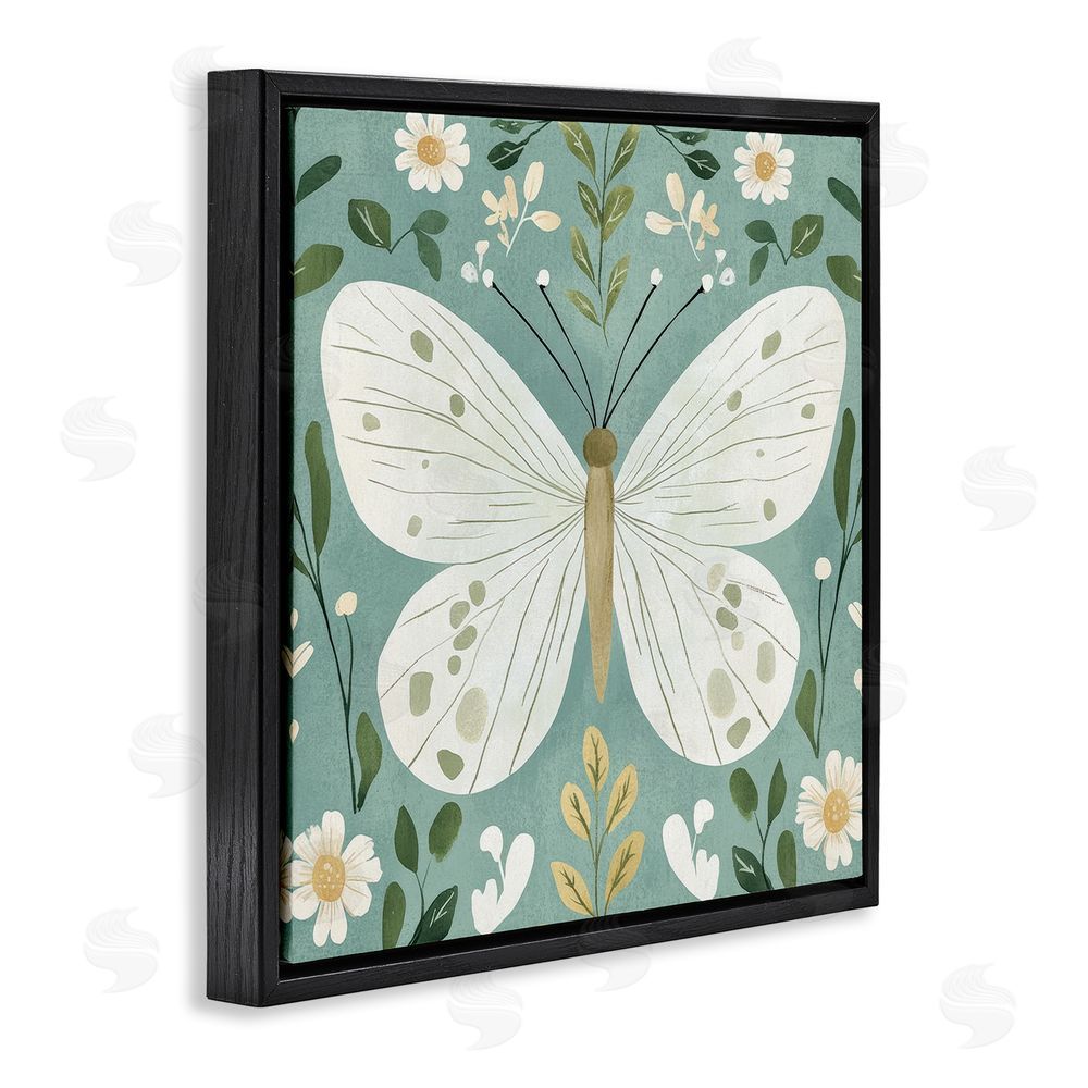 Petal Prints Design Teal Butterfly Garden with Daisies Black Floating Framed Canvas Wall Art Print