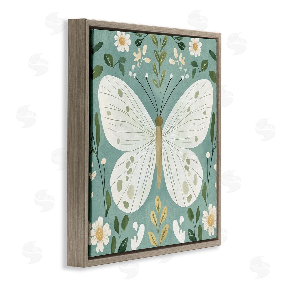 Petal Prints Design Teal Butterfly Garden with Daisies Brown Floating Framed Canvas Wall Art Print