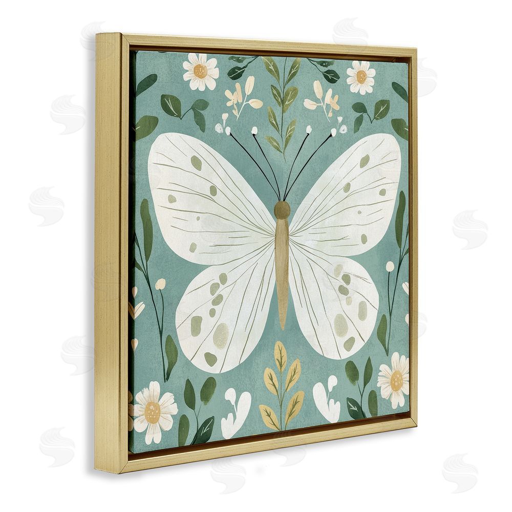 Petal Prints Design Teal Butterfly Garden with Daisies Gold Floating Framed Canvas Wall Art Print