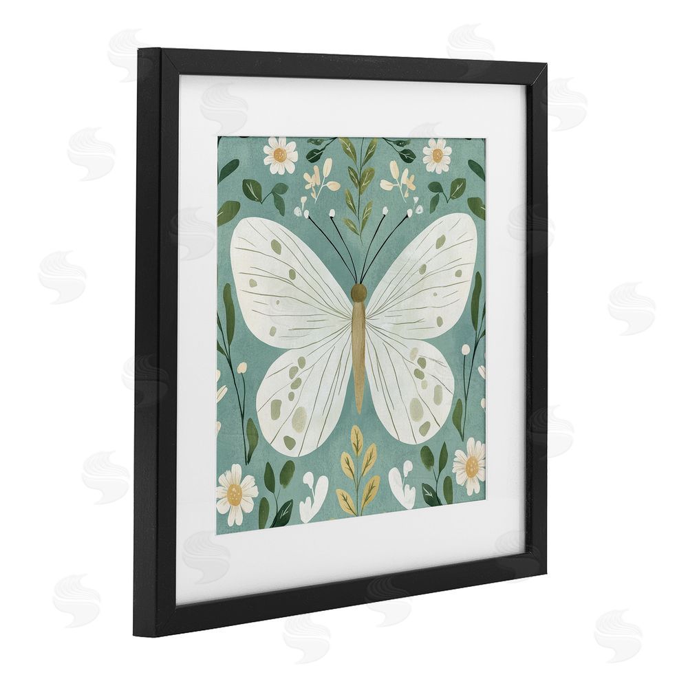 Petal Prints Design Teal Butterfly Garden with Daisies Black Framed Print Under Glass with White Mat Wall Art
