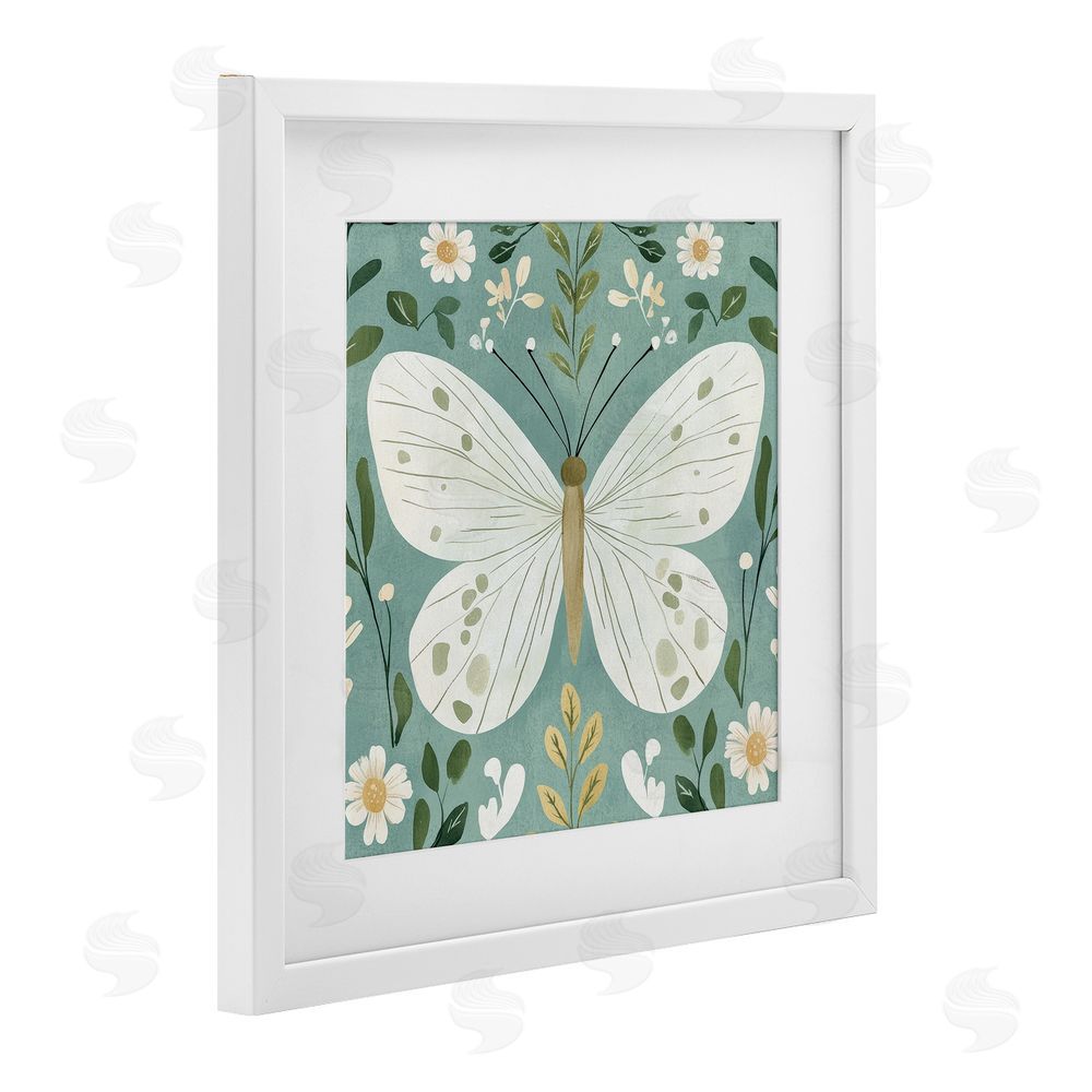Petal Prints Design Teal Butterfly Garden with Daisies White Framed Print Under Glass with White Mat Wall Art