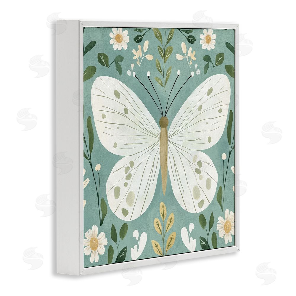 Petal Prints Design Teal Butterfly Garden with Daisies White Framed Giclee Wall Art Print