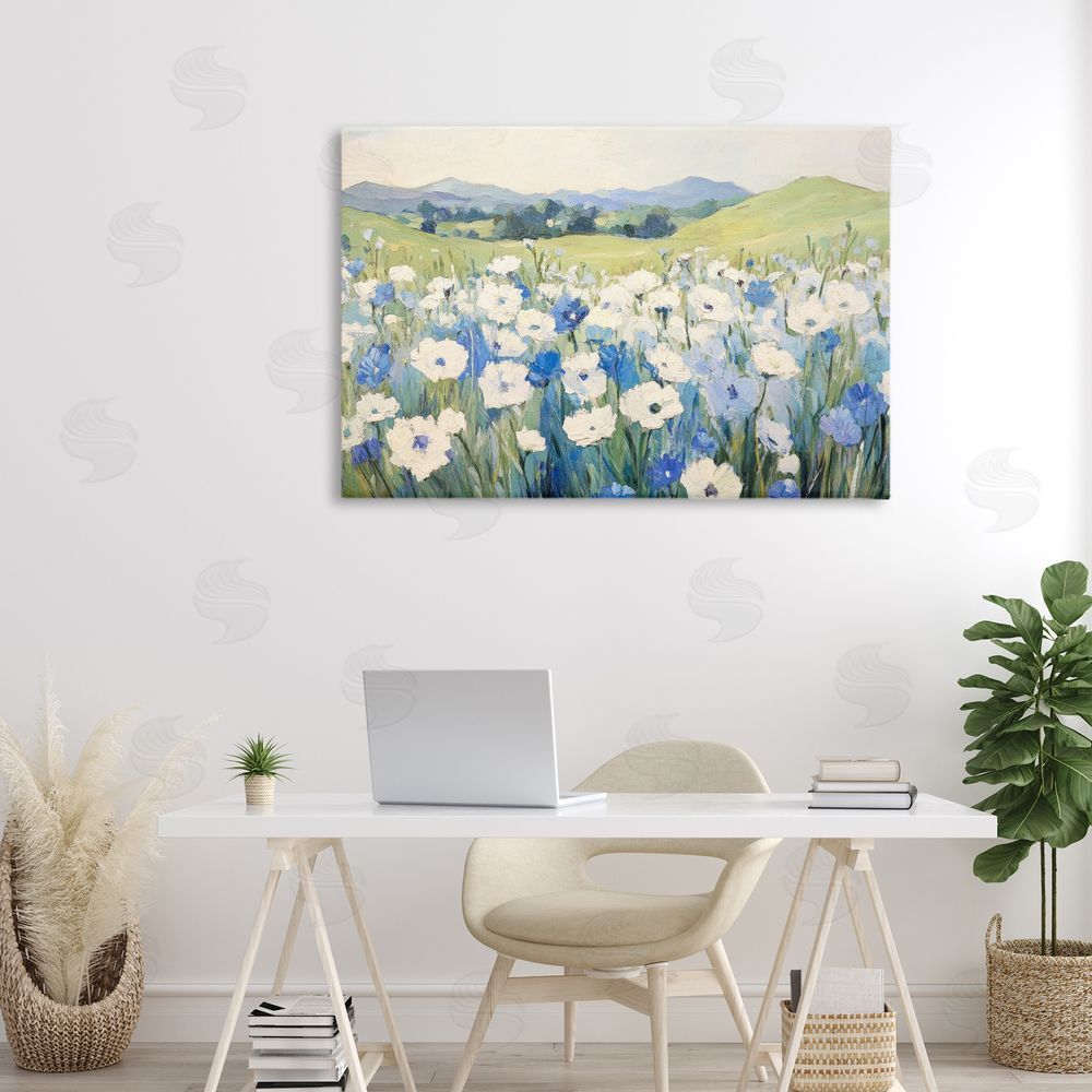 Petal Prints Design Blue & White Daisies Stretched Canvas Wall Art in Room