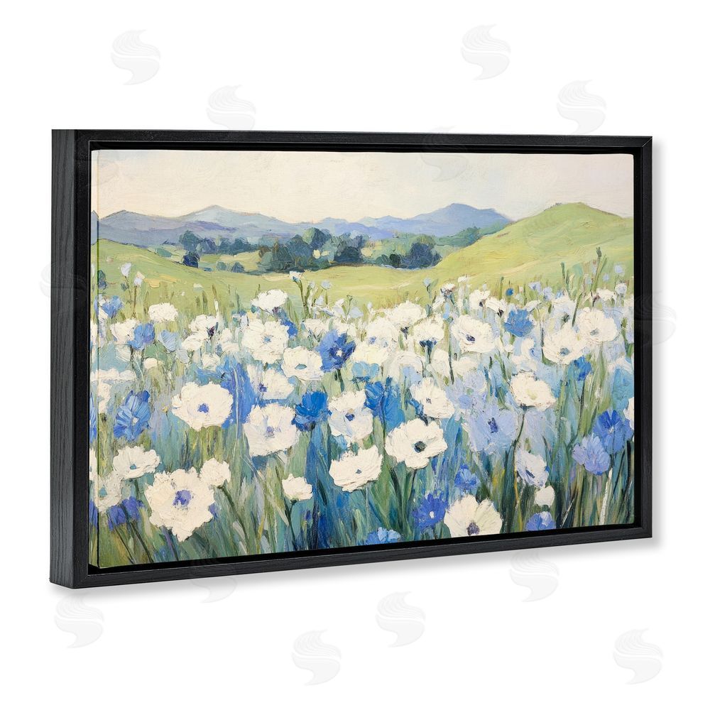Petal Prints Design Blue & White Daisies Black Floating Frame Canvas Wall Art Print
