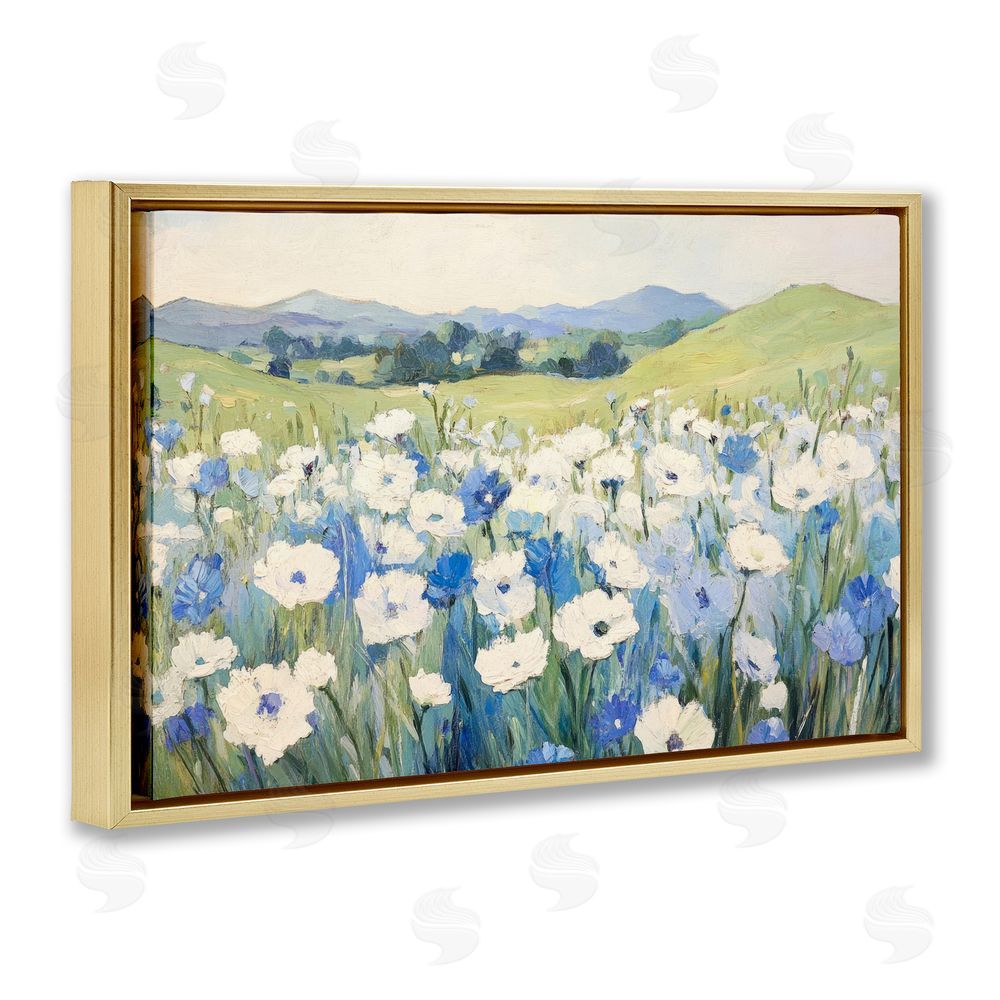 Petal Prints Design Blue & White Daisies Gold Floating Frame Canvas Wall Art Print