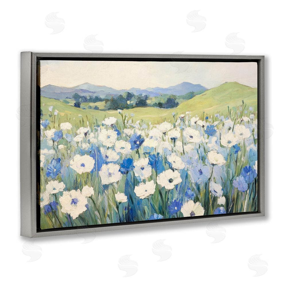 Petal Prints Design Blue & White Daisies Gray Floating Frame Canvas Wall Art Print