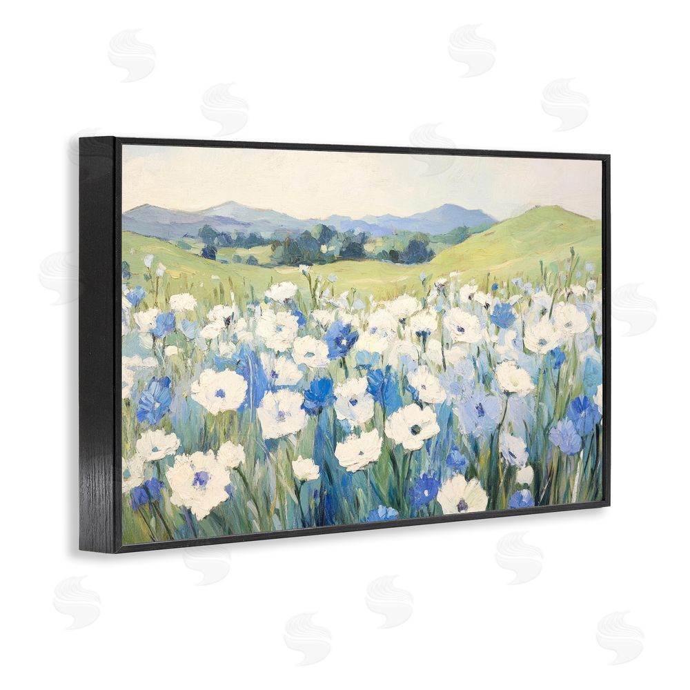 Petal Prints Design Blue & White Daisies Black Framed Giclee Wall Art Print