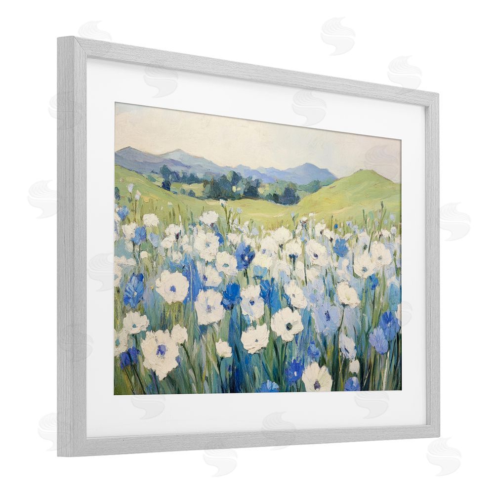 Petal Prints Design Blue & White Daisies Gray Framed Print Under Glass Wall Art