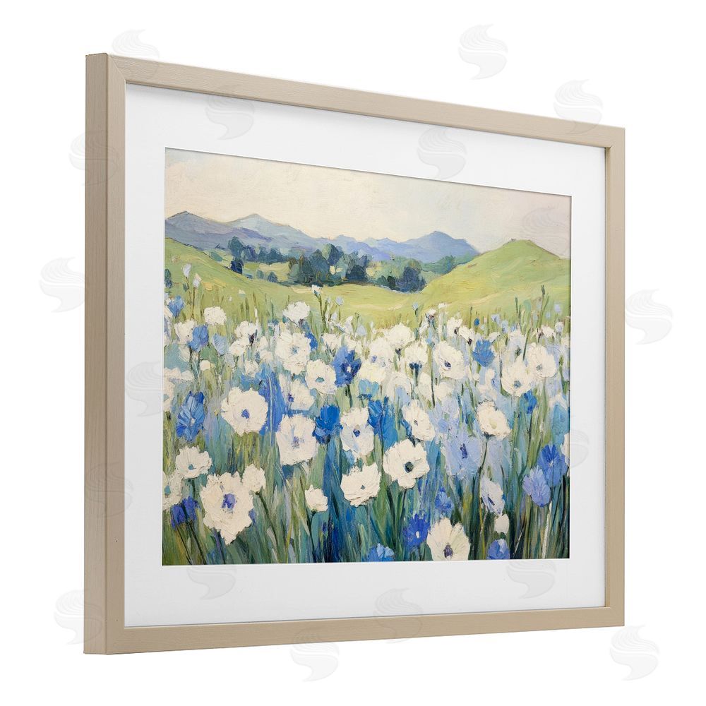 Petal Prints Design Blue & White Daisies Birch Framed Print Under Glass Wall Art