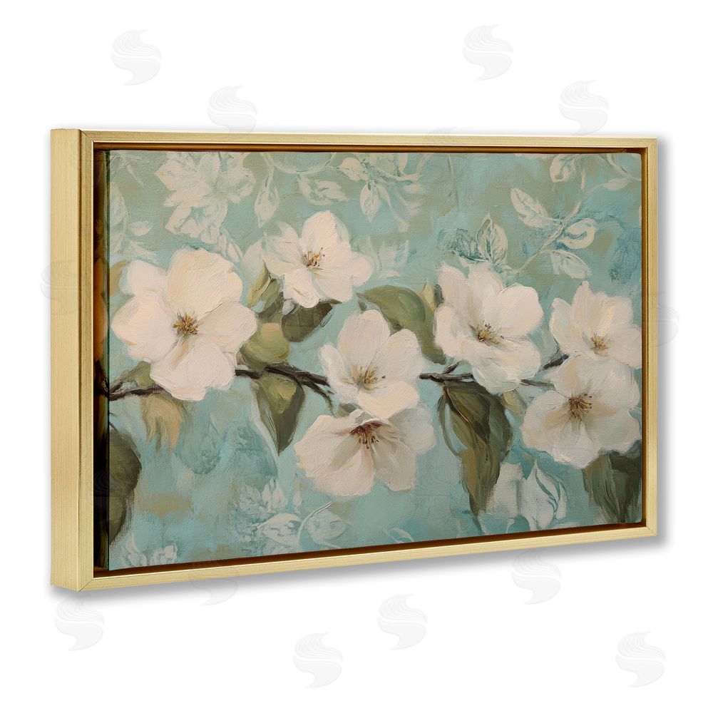 Petal Prints Design Serene Flower Branch Blooms Gold Floating Framed Canvas Wall Art Print