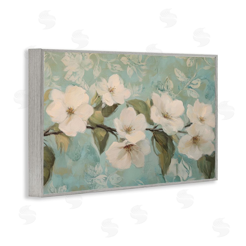 Petal Prints Design Serene Flower Branch Blooms Gray Framed Giclee Wall Art Print