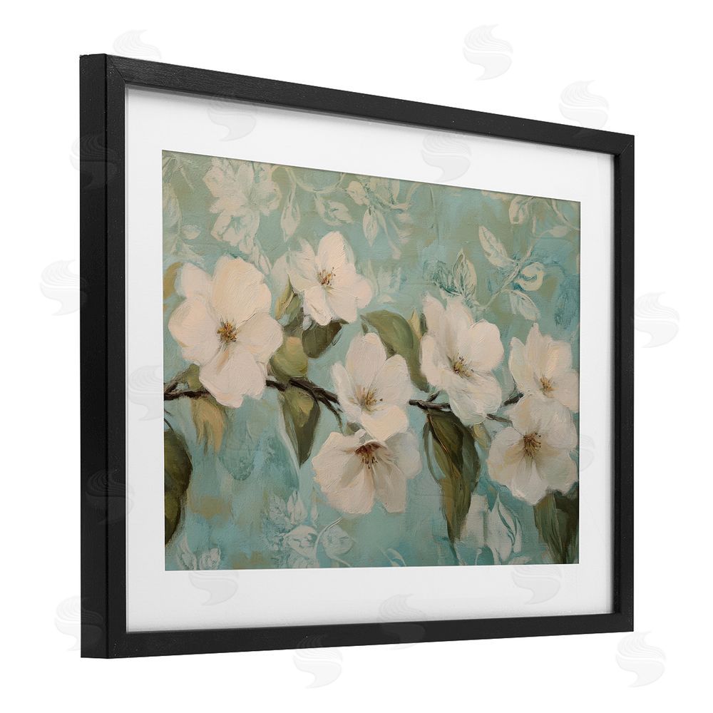 Petal Prints Design Serene Flower Branch Blooms Black Framed Print Under Glass with White Mat Wall Art