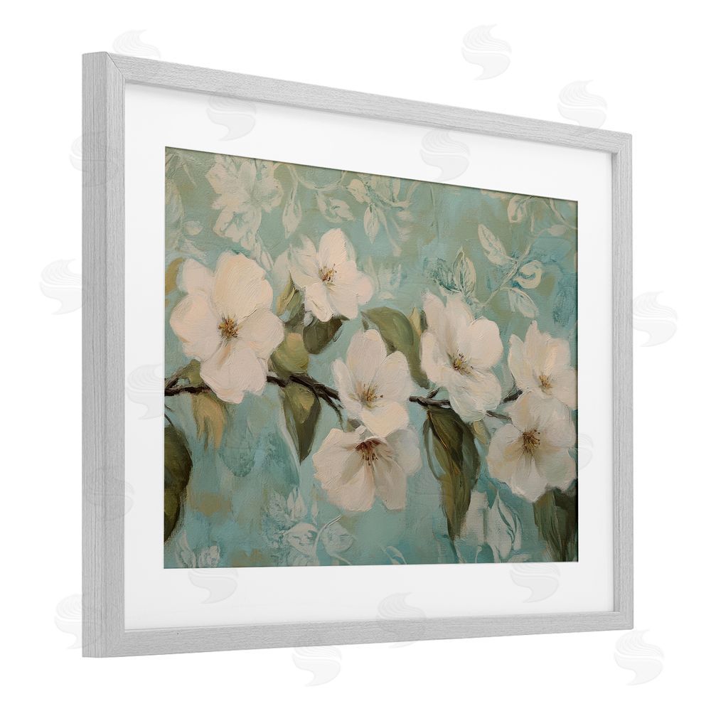 Petal Prints Design Serene Flower Branch Blooms Gray Framed Print Under Glass with White Mat Wall Art
