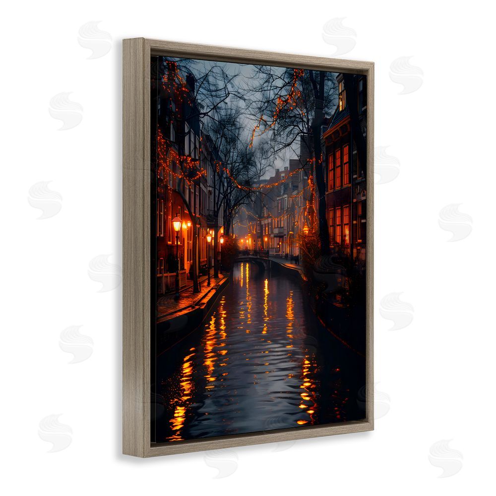 Creative Studio Street Lamp Canal View Brown Floating Frame Canvas Wall Art Print