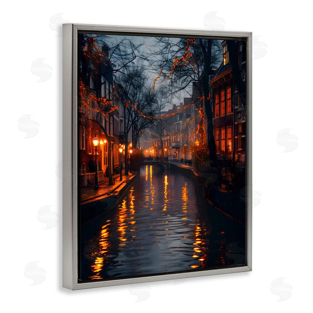 Creative Studio Street Lamp Canal View Gray Floating Frame Canvas Wall Art Print