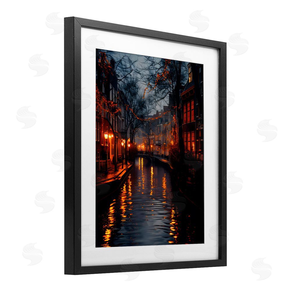 Creative Studio Street Lamp Canal View Black Framed Print Under Glass with White Mat Wall Art