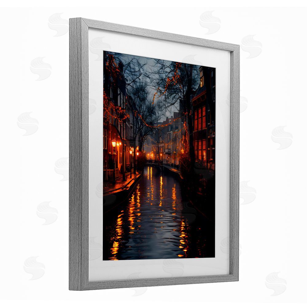 Creative Studio Street Lamp Canal View Gray Framed Print Under Glass with White Mat Wall Art