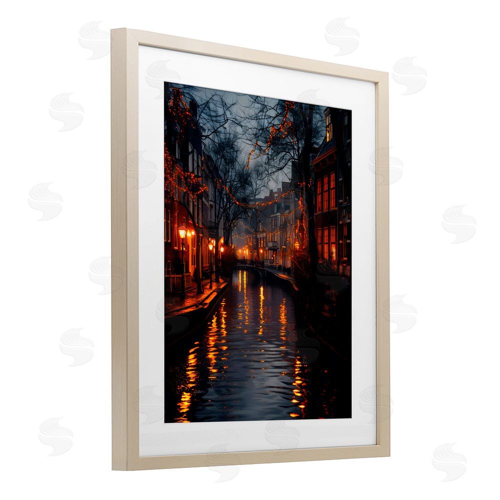 Creative Studio Street Lamp Canal View Birch Framed Print Under Glass with White Mat Wall Art