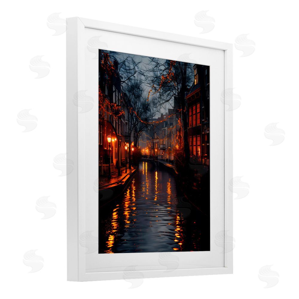 Creative Studio Street Lamp Canal View White Framed Print Under Glass with Mat Wall Art